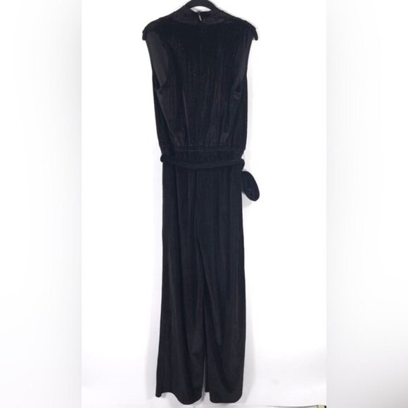 NWT MICHAEL KORS Black Silver Vneck Wide Leg Jumpsuit Tie Belt Sleeveless MEDIUM - Picture 3 of 14
